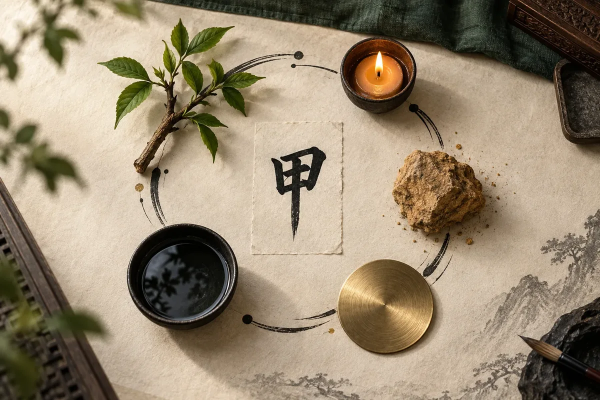 The five phases represented by wood, fire, earth, metal and water around an illustrative Jia Wood day stem.