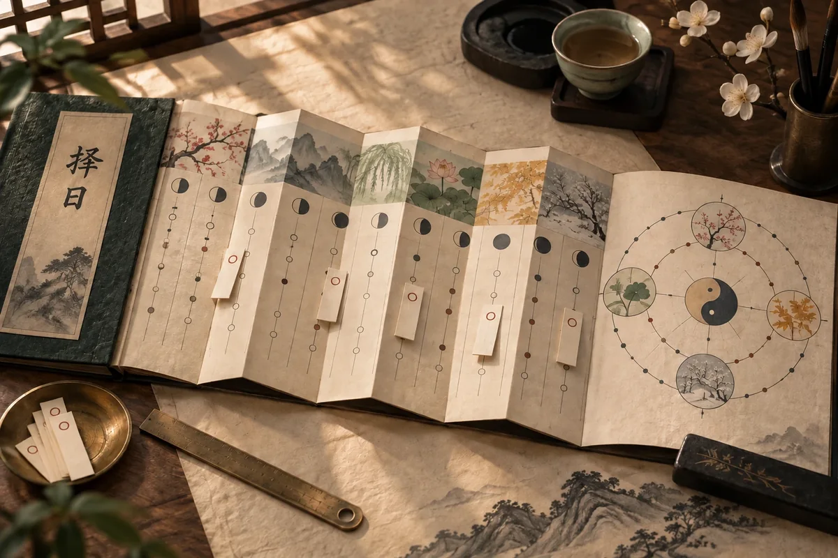 Traditional Chinese almanac with seasonal markers and blank tabs used to compare a date window.