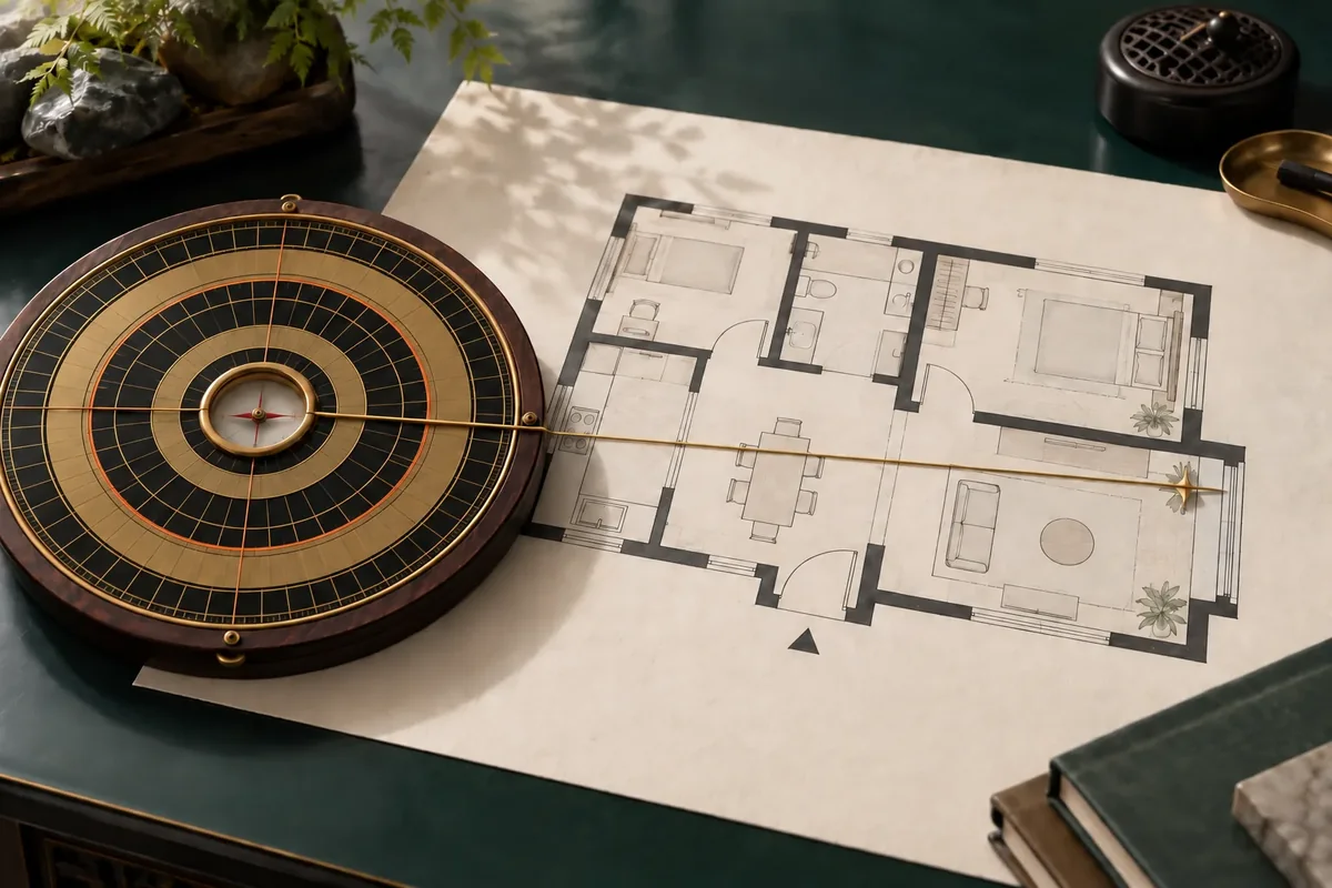 An illustrative brass Feng Shui compass aligned with a residential floor plan on a dark green consultation desk.