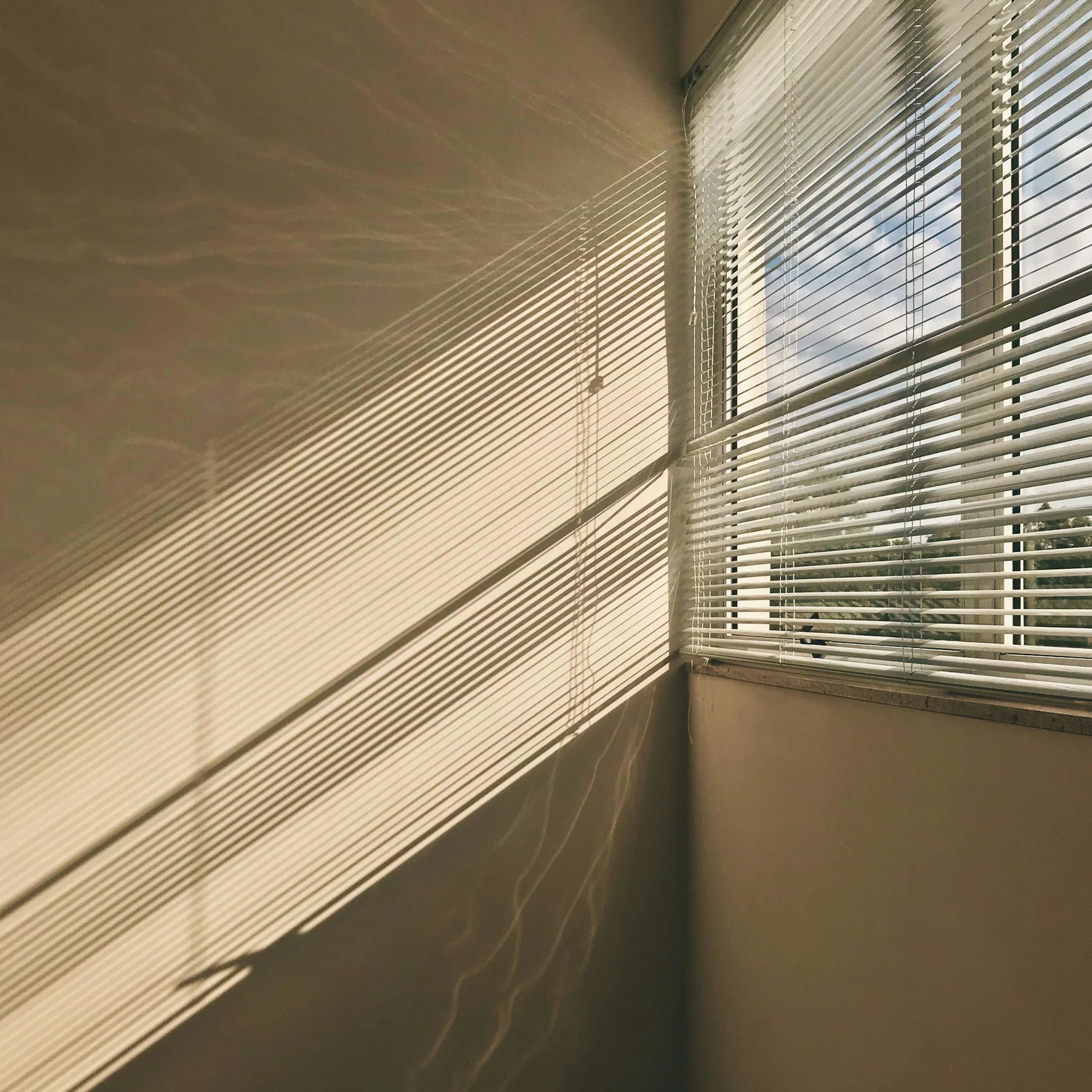 Bands of sunlight and shadow from window blinds cross a warm beige wall.